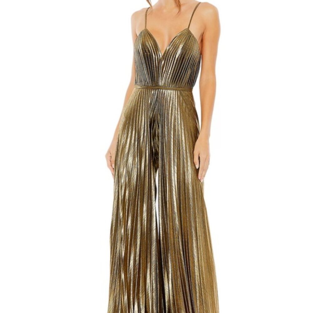 Ieena Mac Duggal Antique Gold Pleated Wide Leg Jumpsuit